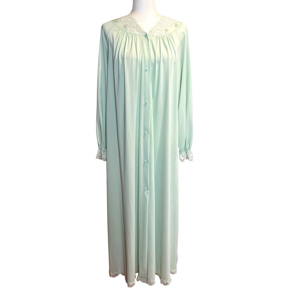 Vintage Shadowline Mint Green Size S Robe Dressing Gown Sleepwear LS Roses Lace